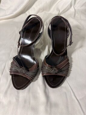 BCBGMaxAzria Dark Brown Knotted Chain Heeled Sandals